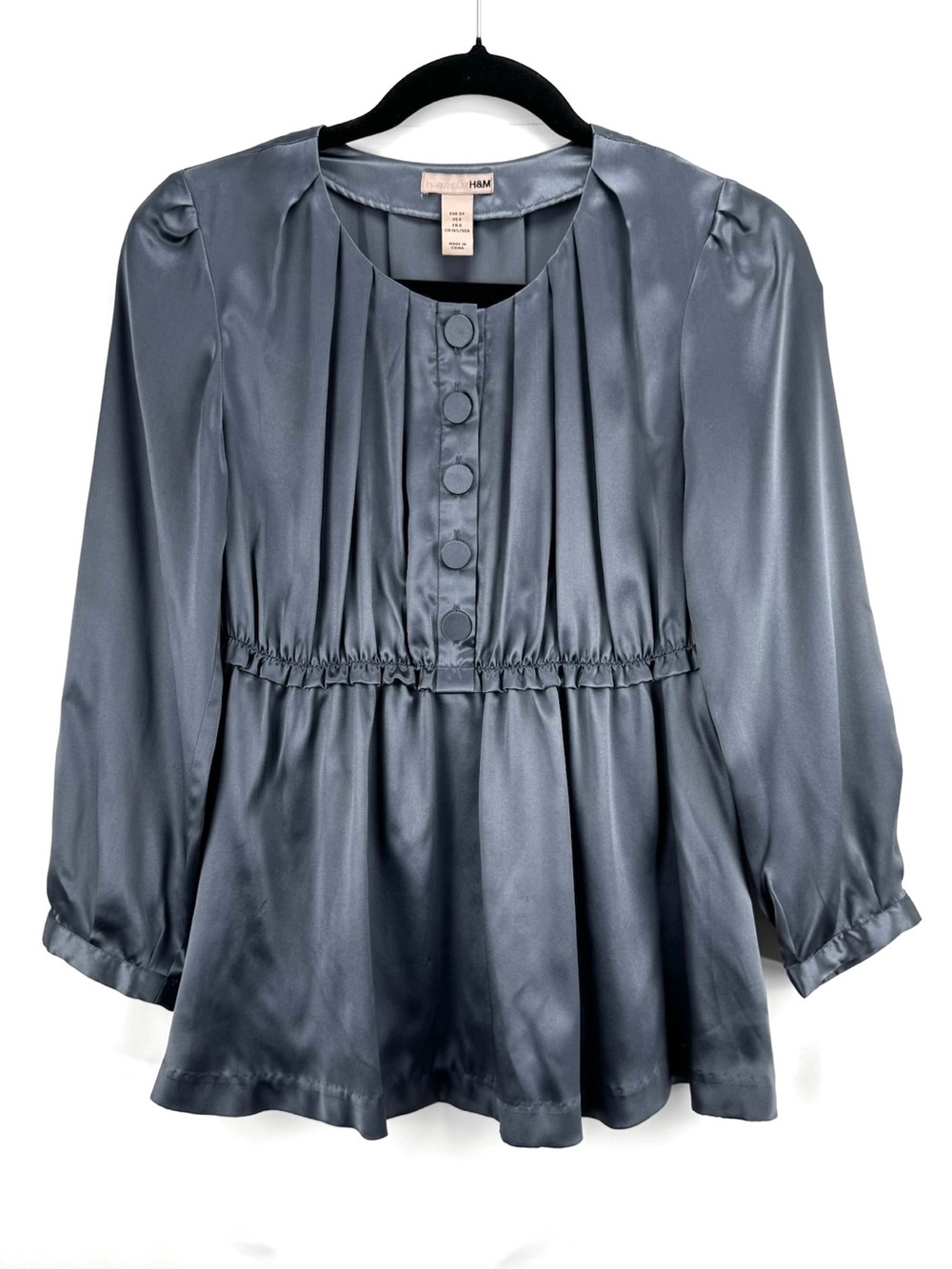 Women’s 100% Silk Empire Waist Peplum Blouse in Slate Blue